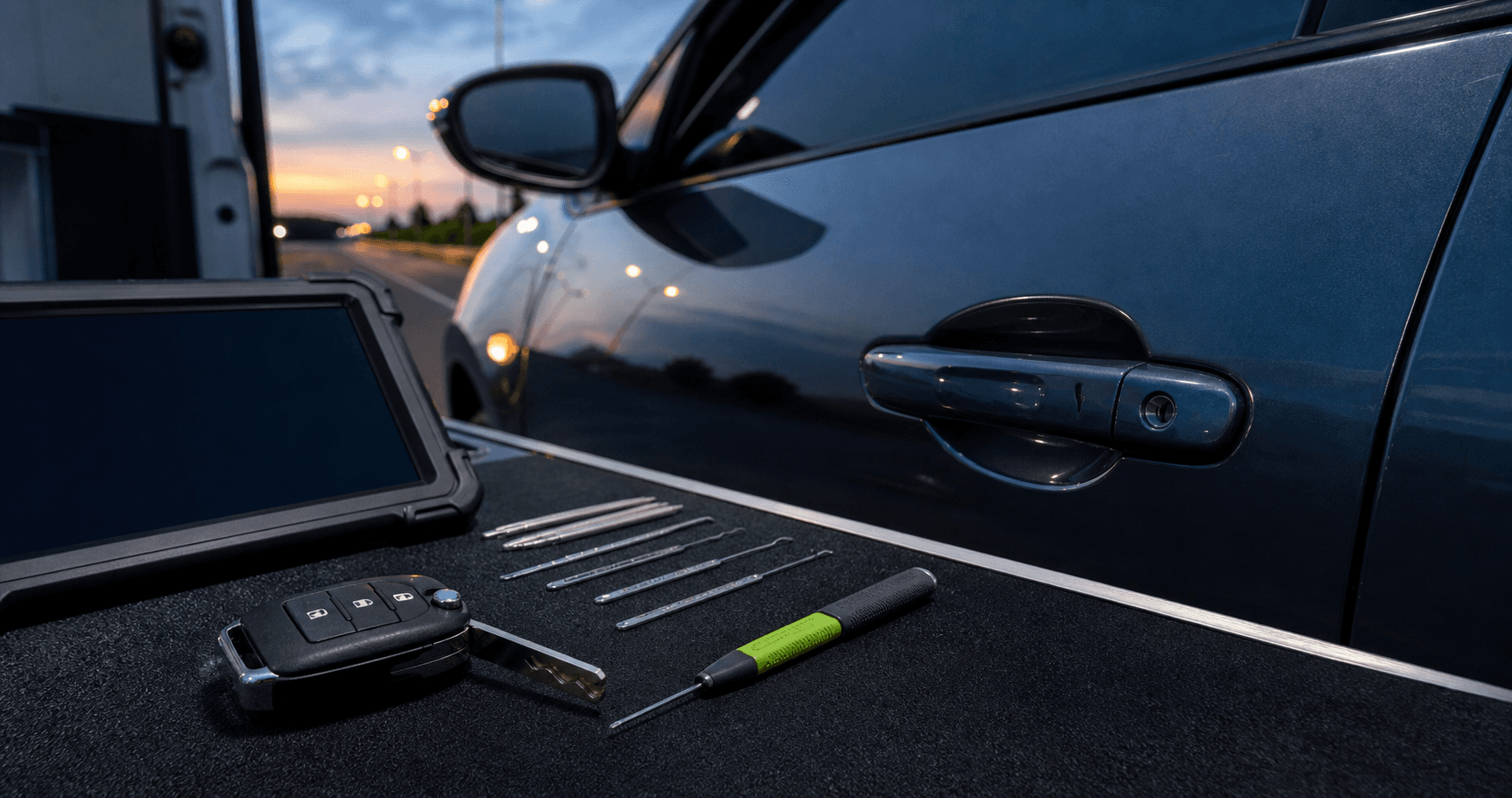 Auto locksmith equipment with car key fob, diagnostic tablet and vehicle door