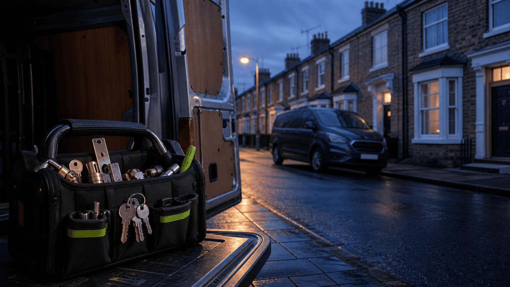 Mobile locksmith service bag and van on a North East residential street